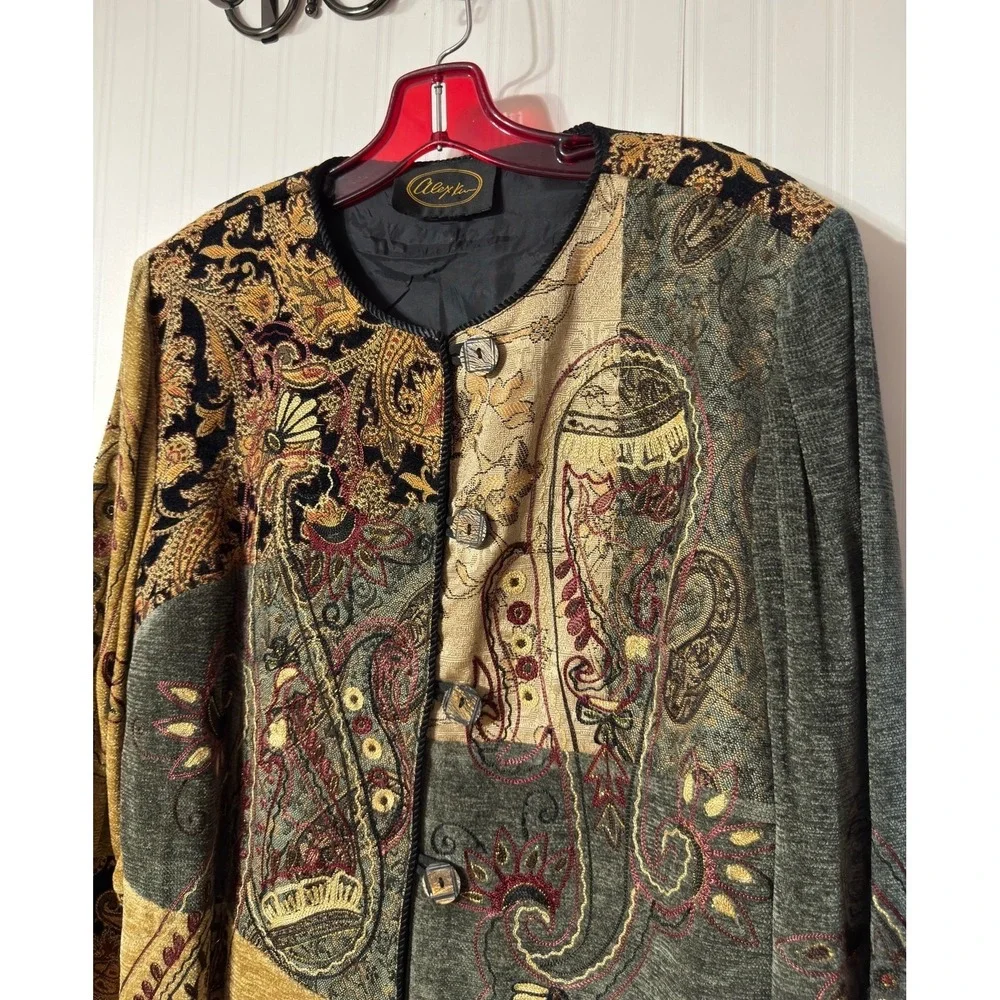 Alex Kim Womens Paisley‎ Patchwork Jacket Earth Tone Embroidered Button Front L